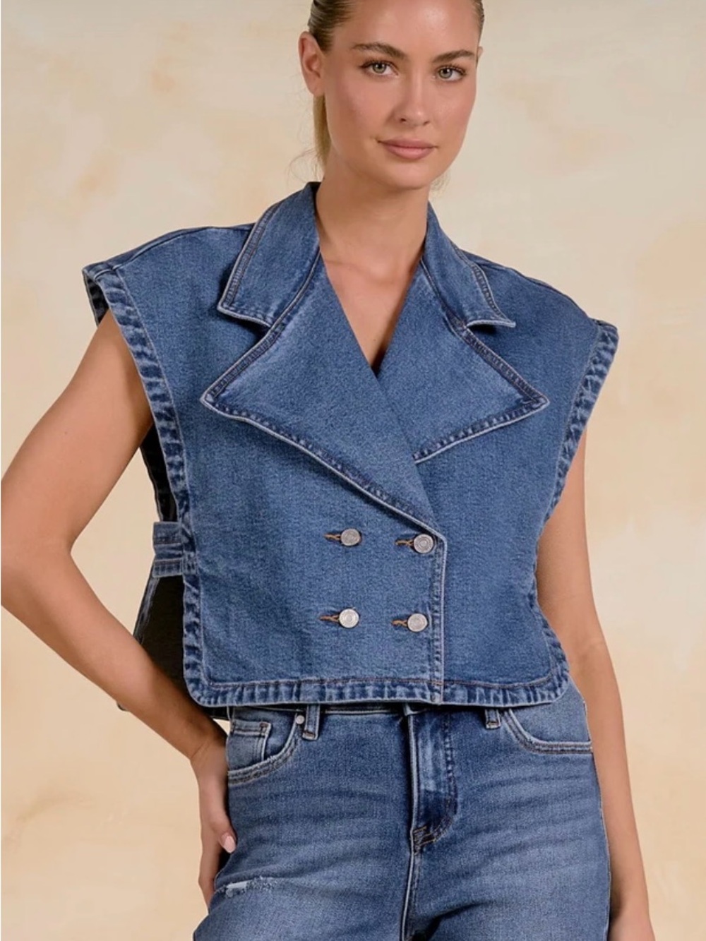 Elan Cropped Double-Breasted Denim Vest in Blue